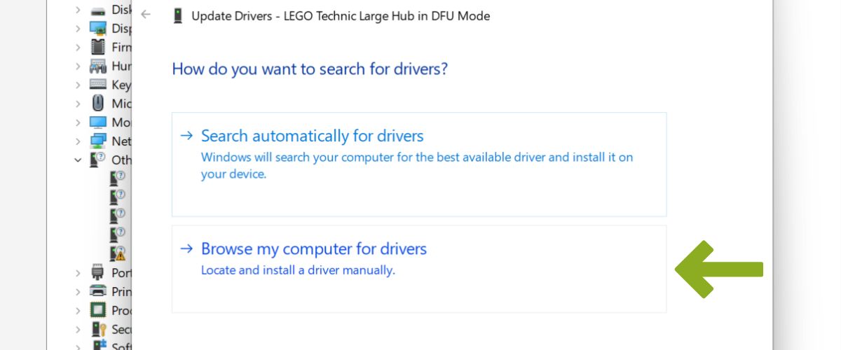 Driver for SPIKE hub: Browse my computer for drivers